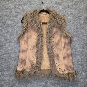 Montanaco Vest Womens S Brown Faux Suede Faux Fur Shaggy Studded Boho Western